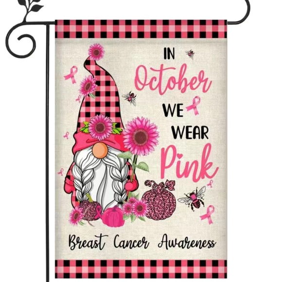 NIP Gnome October Breast Cancer Awareness Garden Flag 18x12 Double Sided Burlap - Picture 3 of 3